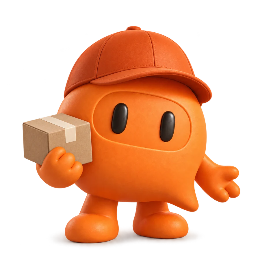 Kacho E-commerce con gorra naranja y una caja de envío
